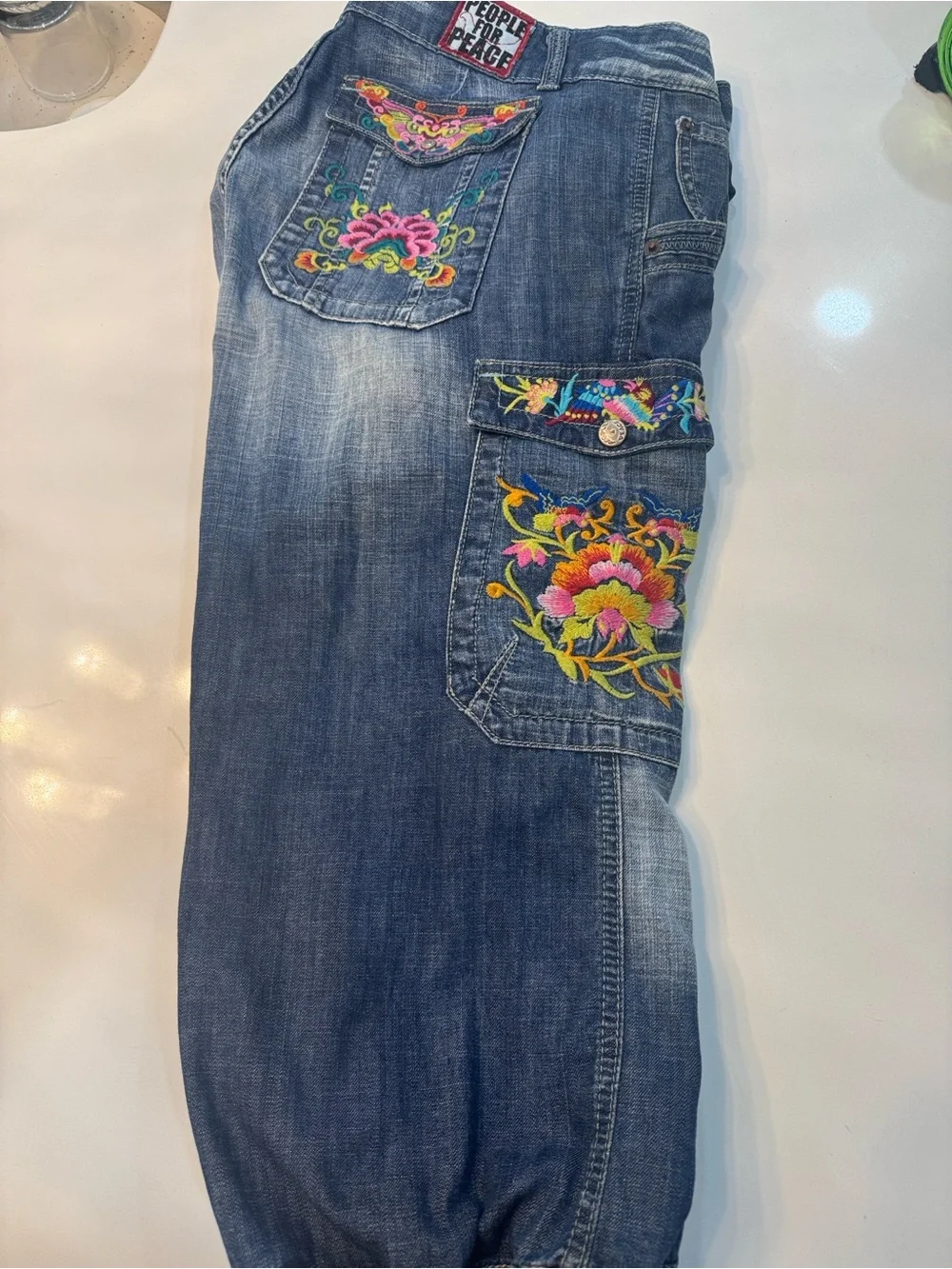 Embroidered Mid-Blue Cropped Cargo Jeans with Drawstring Cuffs